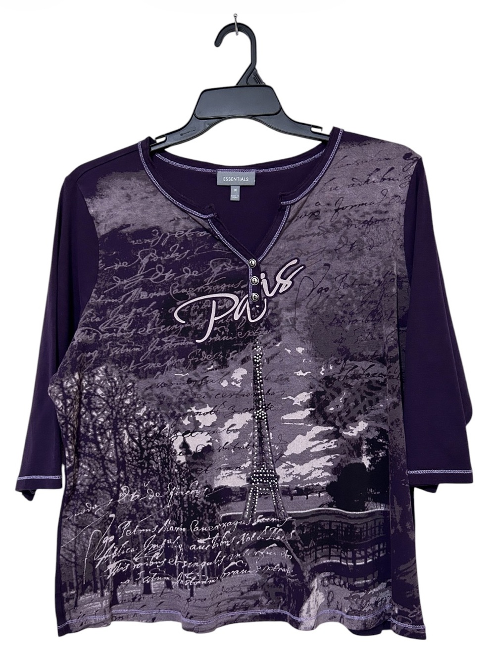 Essentials Women’s 1X Purple Paris Eiffel Tower Graphic Top 3/4 Sleeve Henley